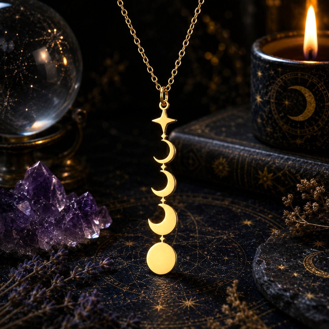A gold-toned necklace with a vertical triple-moon-and-circle pendant hangs against a dark mystical background with a lit candle, crystal cluster, and starry surface.