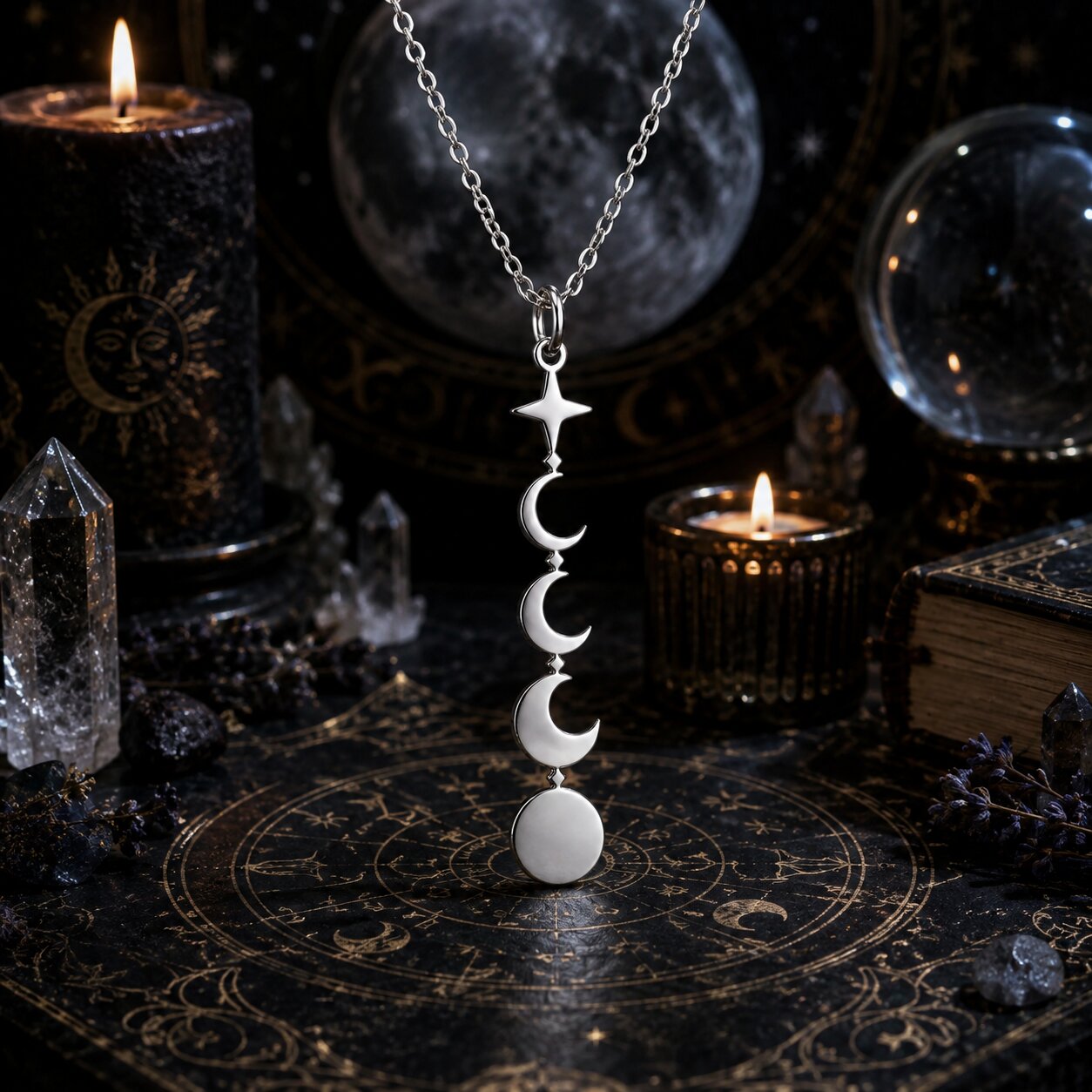 A silver-toned necklace with a vertical triple-moon-and-circle pendant hangs on a dark occult-themed surface surrounded by candles, crystals, and moon-gazing props.