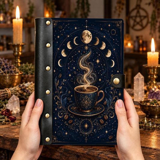 Moon Phase Magic Coffee Cup Journal - Kitchen Witch Grimoire — view 2 on a realistic Pagan ritual altar