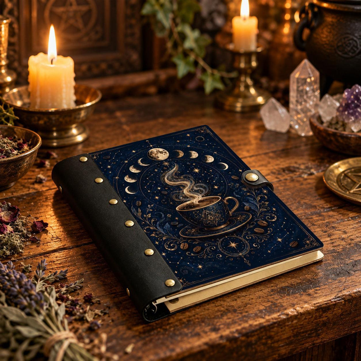 Moon Phase Magic Coffee Cup Journal - Kitchen Witch Grimoire — view 3 on a realistic Pagan ritual altar