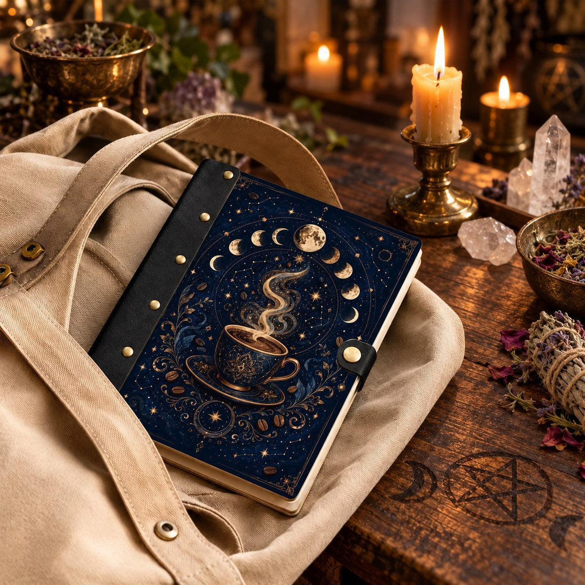 Moon Phase Magic Coffee Cup Journal - Kitchen Witch Grimoire — view 4 on a realistic Pagan ritual altar