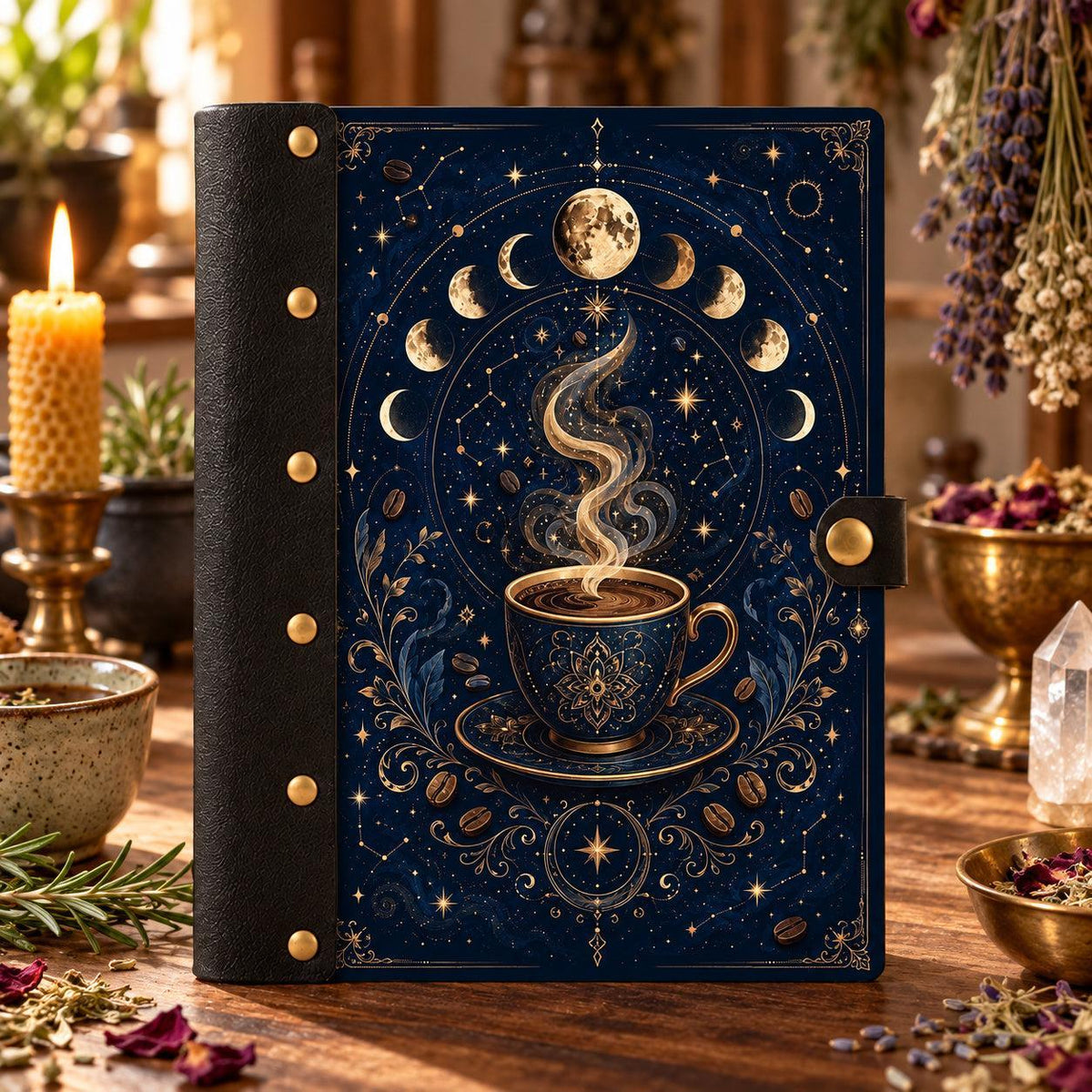 Moon Phase Magic Coffee Cup Journal - Kitchen Witch Grimoire on a candlelit pagan ritual altar