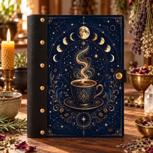 Moon Phase Magic Coffee Cup Journal - Kitchen Witch Grimoire on a candlelit pagan ritual altar