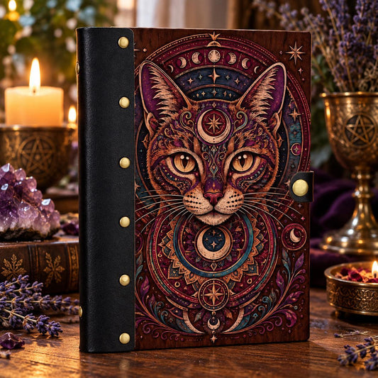 Moon Phase Mystical Cat Journal on a candlelit pagan ritual altar
