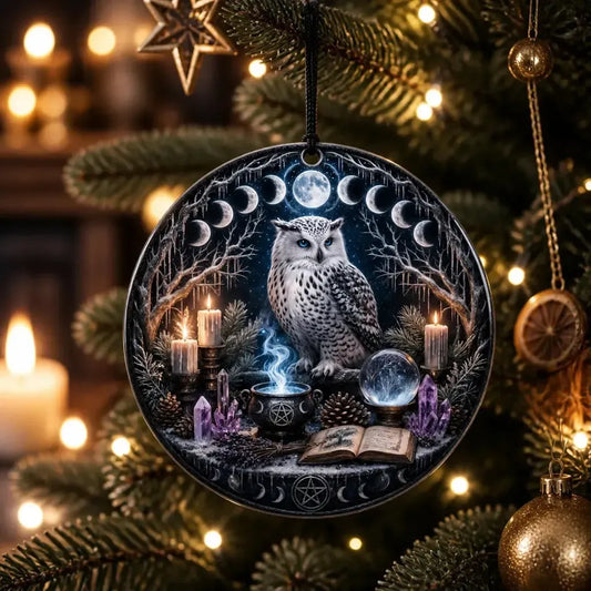 Moon Phase Owl Wicca Yule Ceramic Ornament with Pentagram, Crows โ Gothic Christmas Tree Ornament_mockup_1.webp