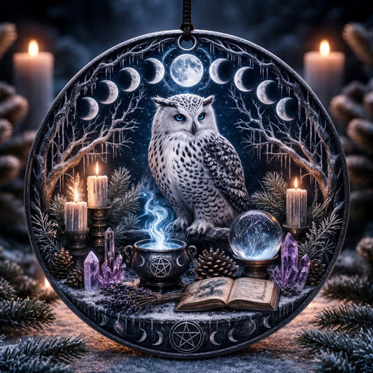 Moon Phase Owl Wicca Yule Ceramic Ornament with Pentagram, Crows – Gothic Christmas Tree Ornament-MoonChildWorld