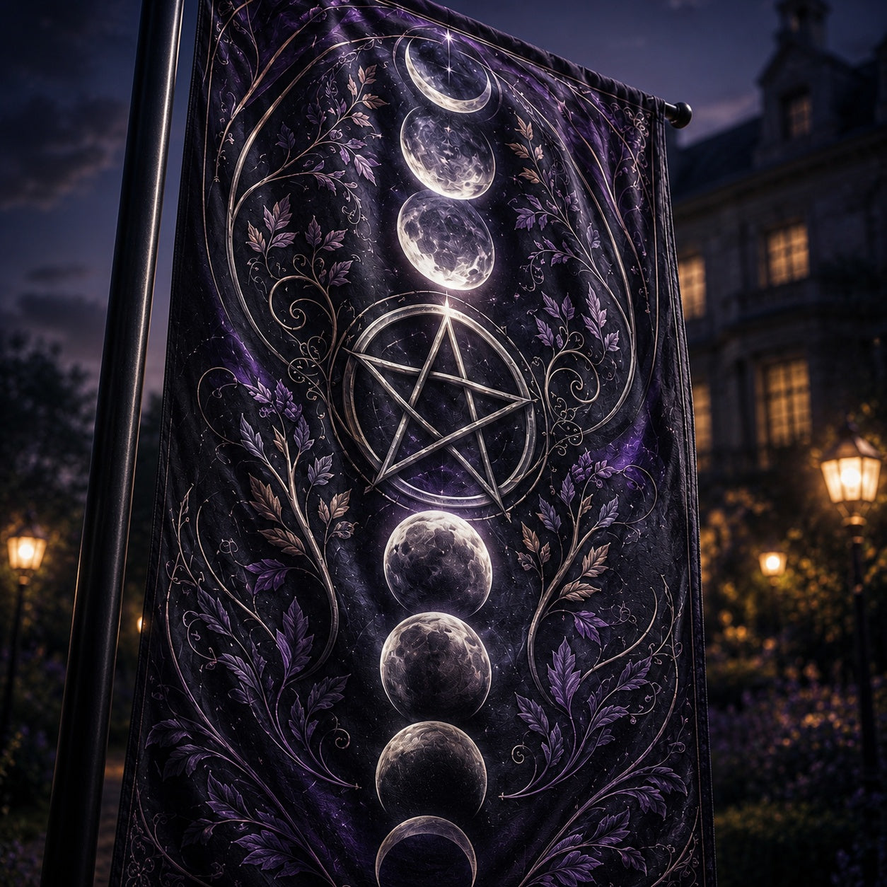 Close-up of Moon Phase Pentacle house flag showing lunar cycle artwork
