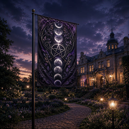 Moon Phase Pentacle House Flag Lunar Cycle Pentacle Pagan Outdoor Decor-MoonChildWorld