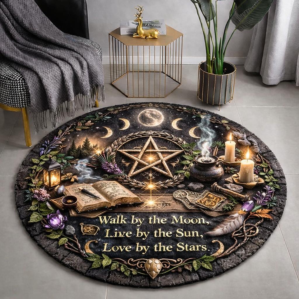 Round black Wiccan rug with moon phases, pentacle, candles, and "Walk by the Moon" text.