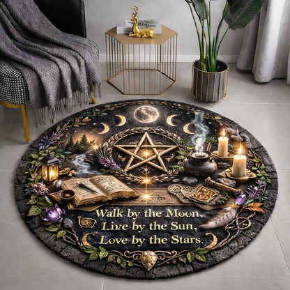 Round black Wiccan rug with moon phases, pentacle, candles, and "Walk by the Moon" text.