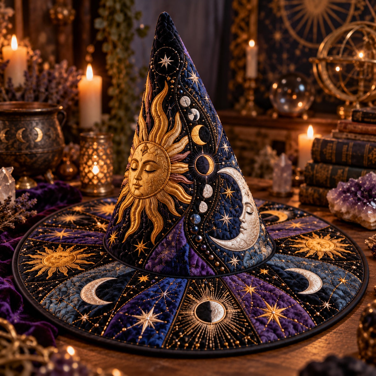 Moon Phase Quilted Witch Hat – Sun Face Celestial Wide Brim Hat – styled with candles and crystals