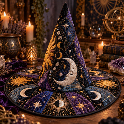 Moon Phase Quilted Witch Hat – Sun Face Celestial Wide Brim Hat – styled with candles and crystals