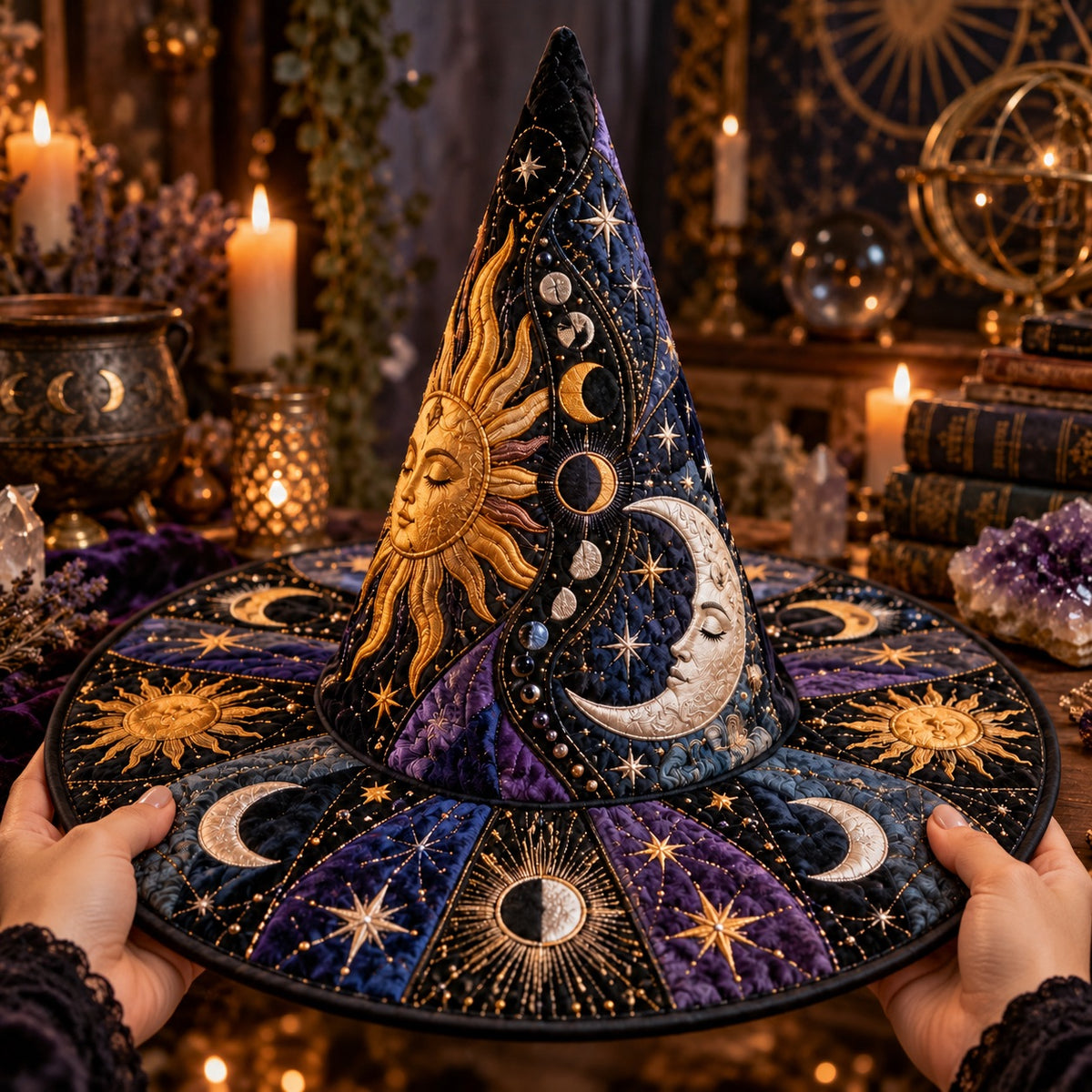 Moon Phase Quilted Witch Hat – Sun Face Celestial Wide Brim Hat – held in both hands