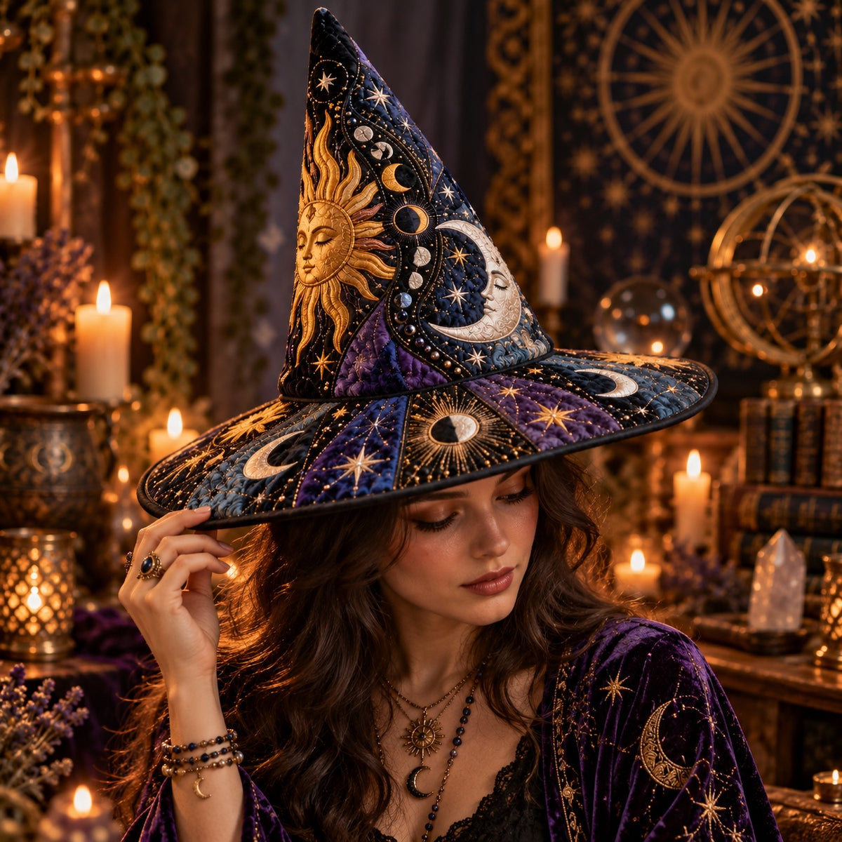 Moon Phase Quilted Witch Hat – Sun Face Celestial Wide Brim Hat – worn by a model