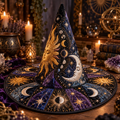 Moon Phase Quilted Witch Hat – Sun Face Celestial Wide Brim Hat – styled with candles and crystals