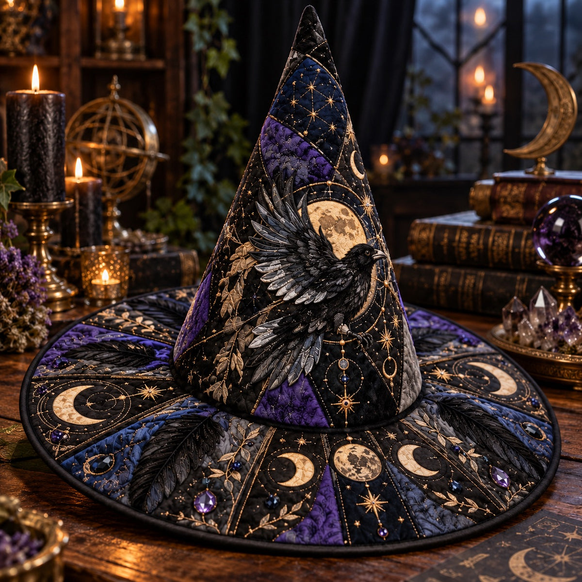 Moon Phase Raven Quilted Witch Hat – Feather Celestial Occult Brim Hat – styled with candles and crystals