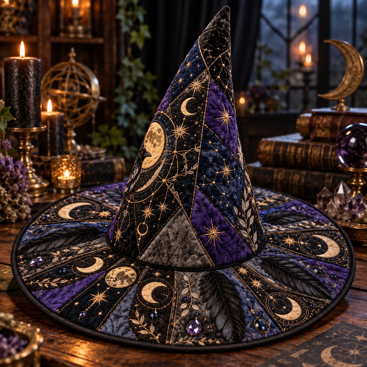 Moon Phase Raven Quilted Witch Hat – Feather Celestial Occult Brim Hat – styled with candles and crystals