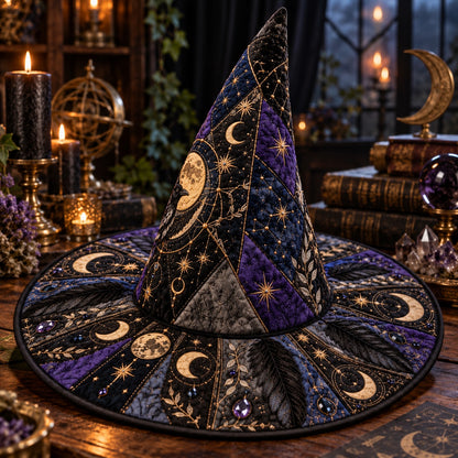 Moon Phase Raven Quilted Witch Hat – Feather Celestial Occult Brim Hat – styled with candles and crystals