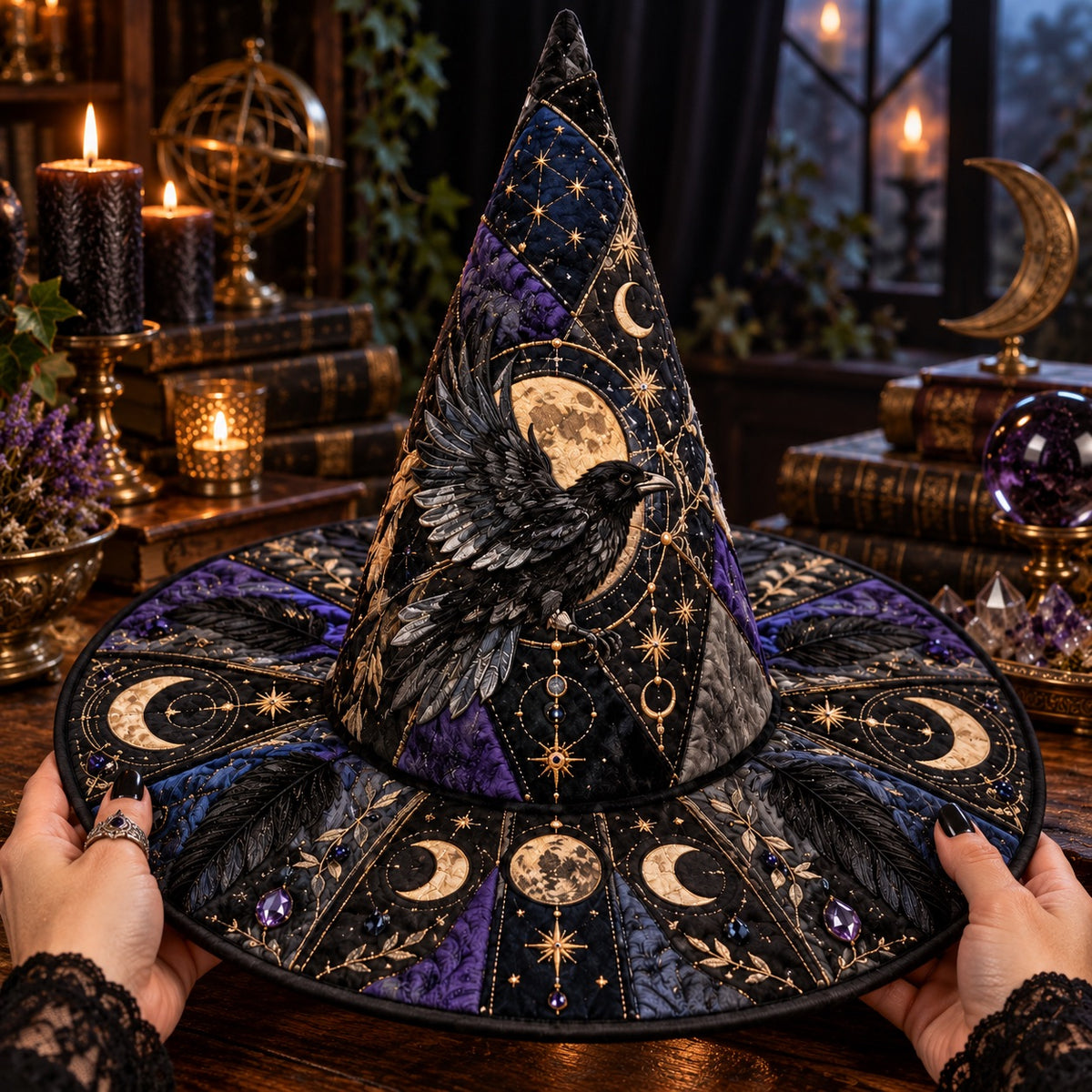 Moon Phase Raven Quilted Witch Hat – Feather Celestial Occult Brim Hat – held in both hands