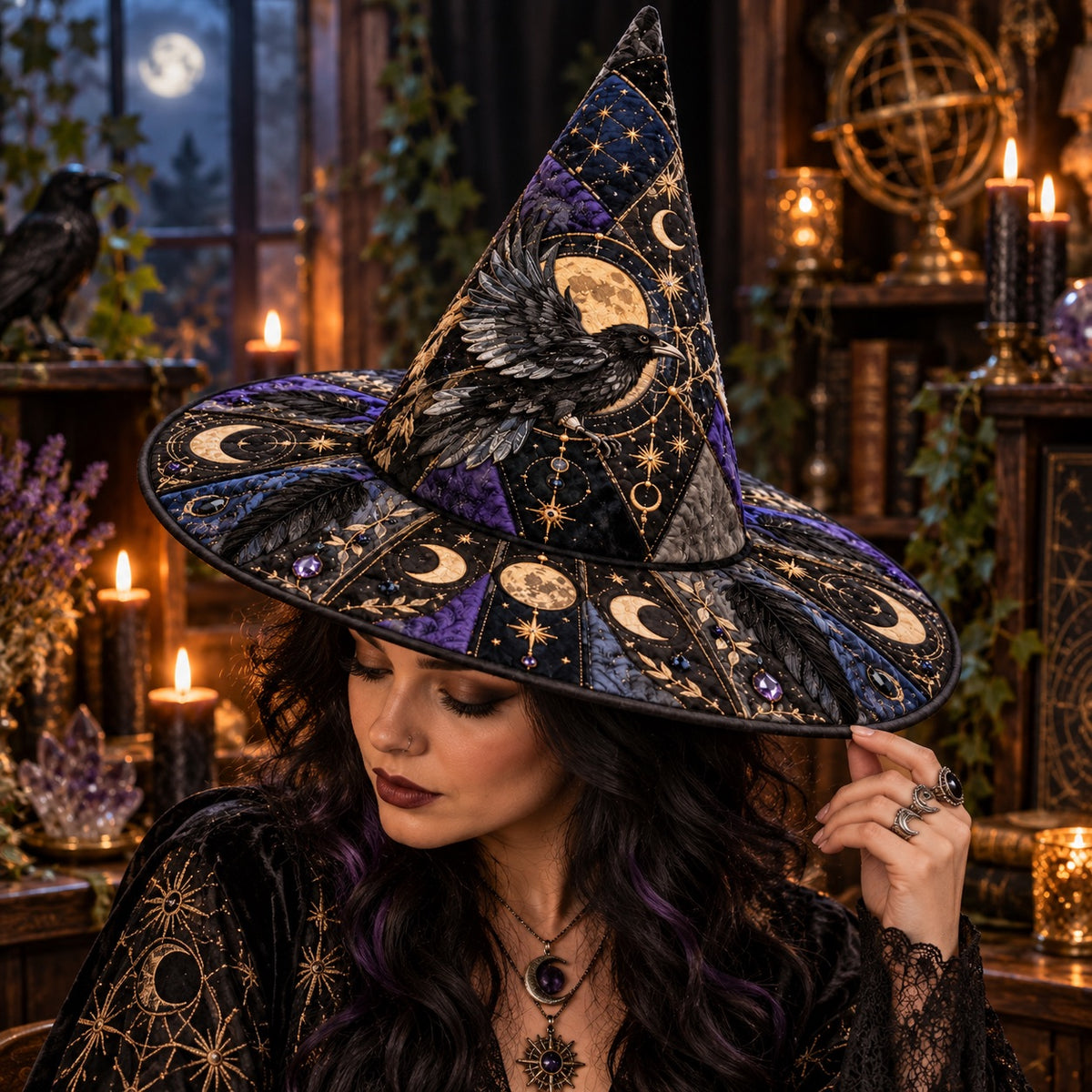 Moon Phase Raven Quilted Witch Hat – Feather Celestial Occult Brim Hat – worn by a model