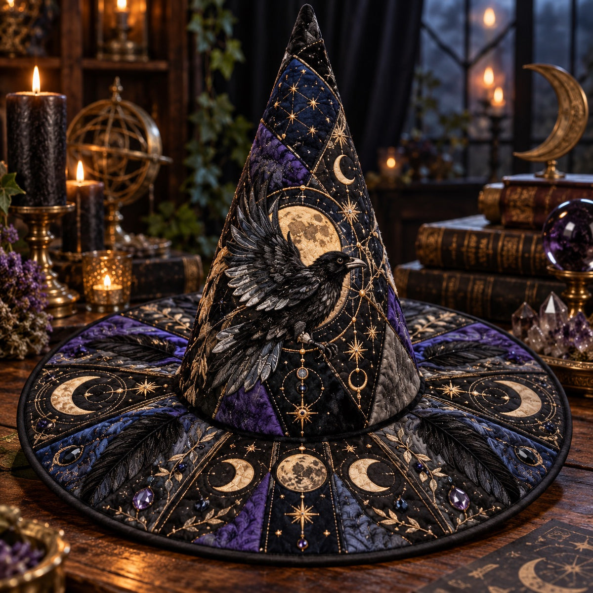 Moon Phase Raven Quilted Witch Hat – Feather Celestial Occult Brim Hat – styled with candles and crystals