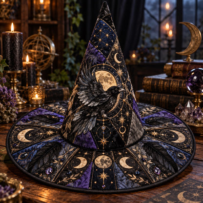 Moon Phase Raven Quilted Witch Hat – Feather Celestial Occult Brim Hat – styled with candles and crystals