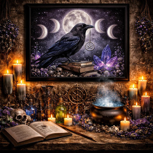 Moon Phase Raven Witchy Wall Art - Wiccan Crow Black Framed Canvas Print for Dark Academia Halloween Decor-MoonChildWorld