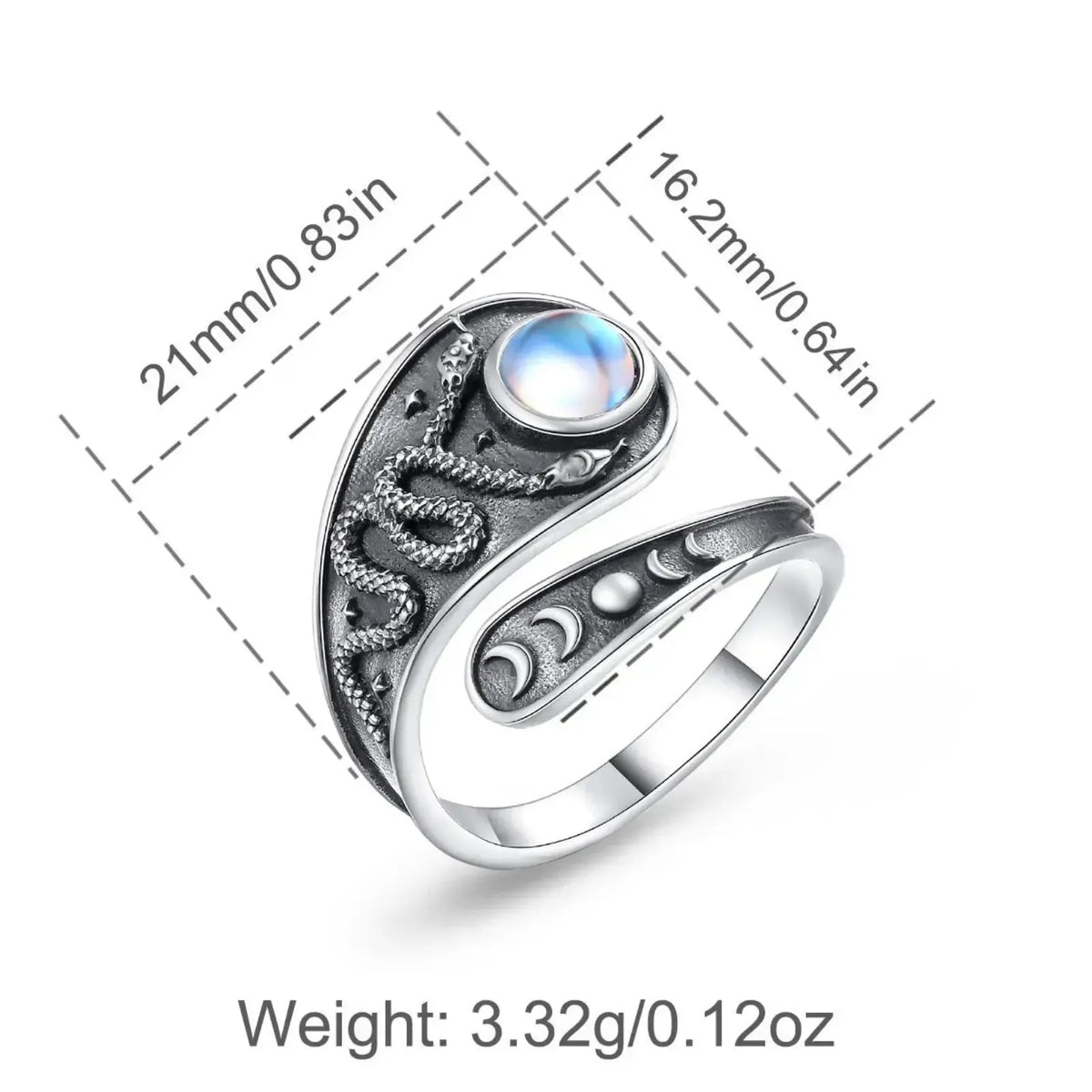 Snake ring face dimension diagram, 21 by 11.8 mm