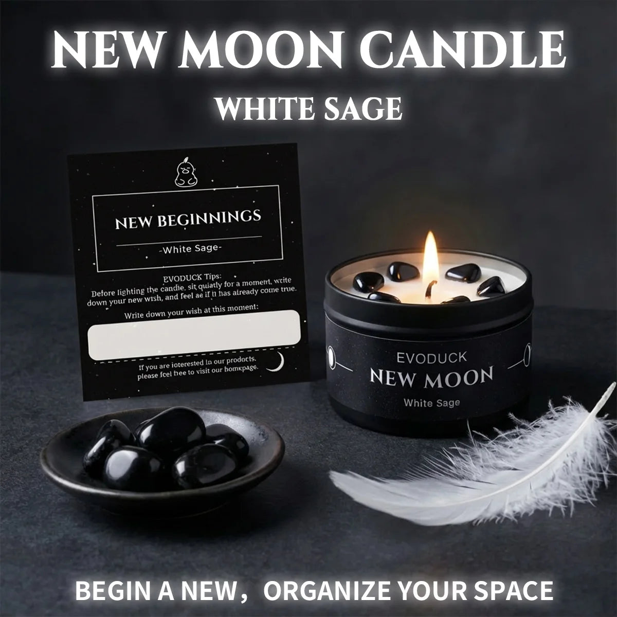 New Moon Candle White Sage with New Beginnings intention card, bowl of obsidian stones and a white feather - Begin Anew, Organize Your Space