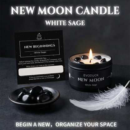 New Moon Candle White Sage with New Beginnings intention card, bowl of obsidian stones and a white feather - Begin Anew, Organize Your Space