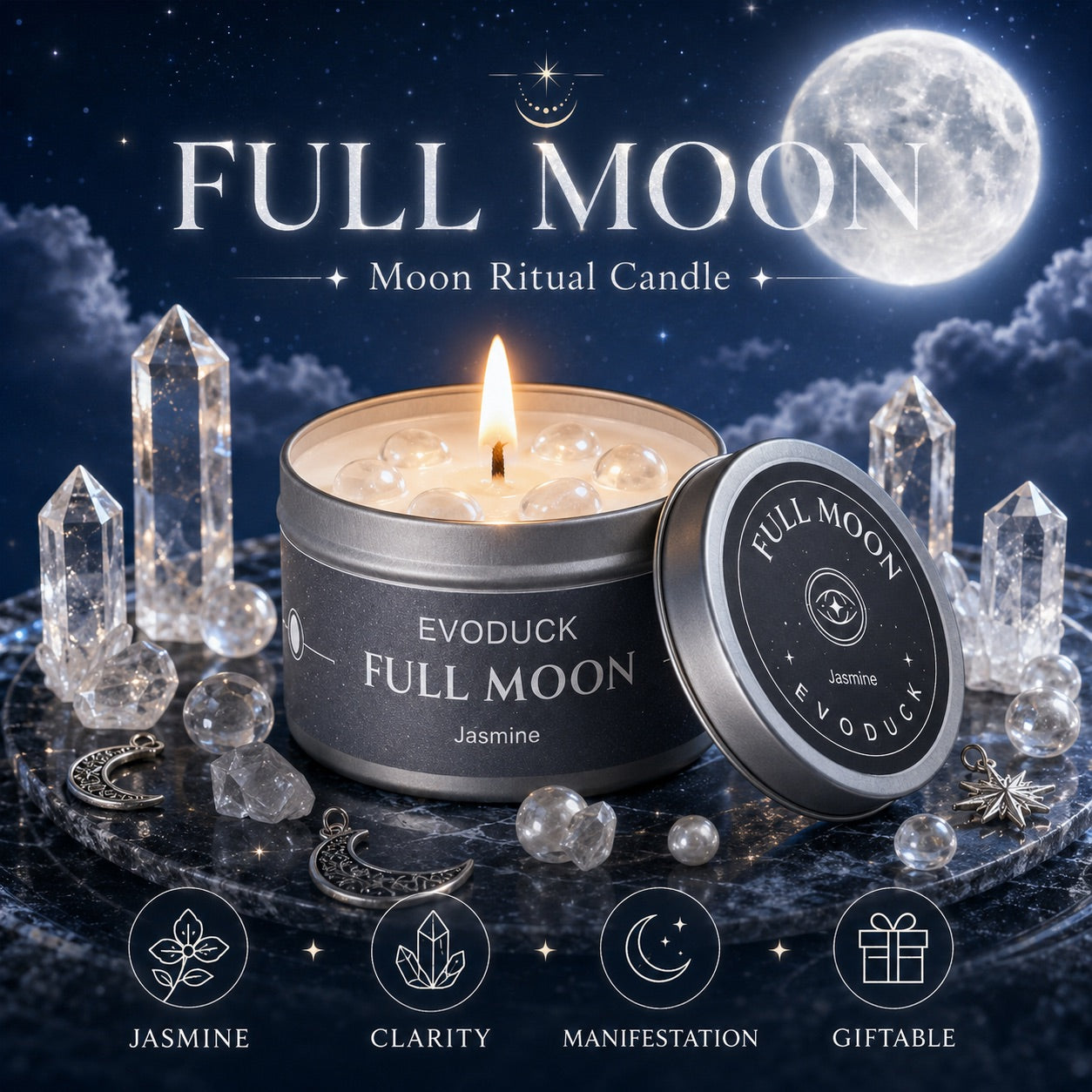 Full Moon Ritual Candle in silver tin with Jasmine scent, surrounded by clear quartz crystal points under a full moon night sky, labeled Clarity, Manifestation and Giftable