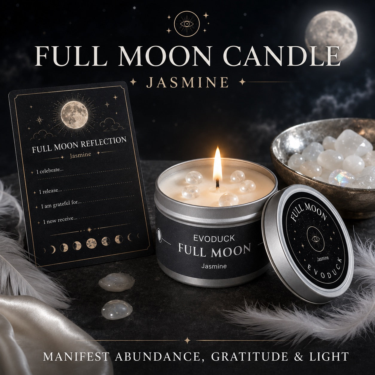 Full Moon Candle Jasmine with Full Moon Reflection journal card, moonstone crystals in a bowl and feather boa - Manifest Abundance, Gratitude and Light