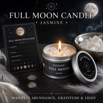 Full Moon Candle Jasmine with Full Moon Reflection journal card, moonstone crystals in a bowl and feather boa - Manifest Abundance, Gratitude and Light