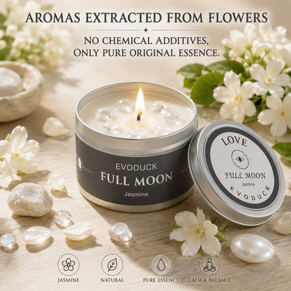 Full Moon Candle with Jasmine scent and Love lid design, clear quartz crystals and white jasmine flowers, natural pure essence with no chemical additives