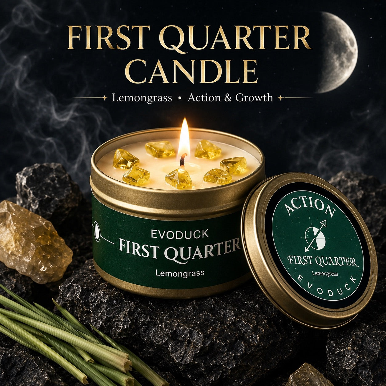 First Quarter Candle in green and gold tin with Lemongrass scent, citrine crystals in soy wax and Action lid design, surrounded by lemongrass stalks and citrine stones