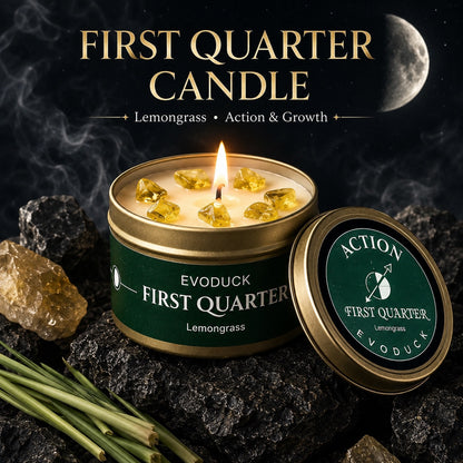 First Quarter Candle in green and gold tin with Lemongrass scent, citrine crystals in soy wax and Action lid design, surrounded by lemongrass stalks and citrine stones
