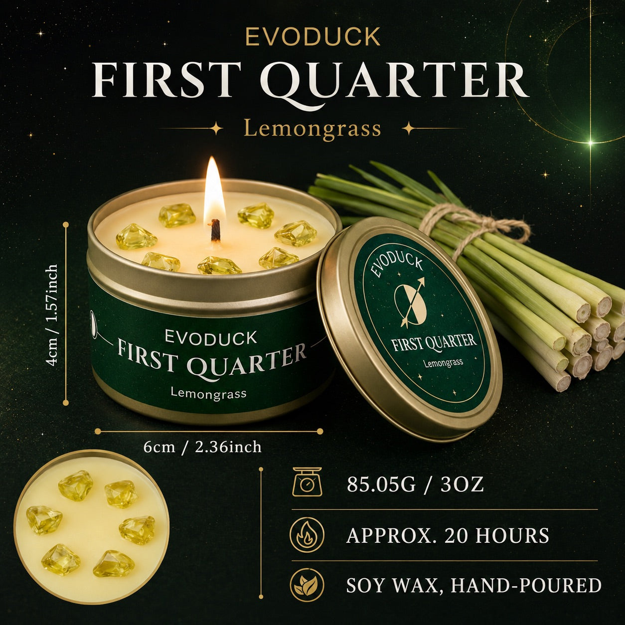 First Quarter Candle Lemongrass size specifications infographic - 3oz hand-poured soy wax candle, 20 hour burn time, with citrine crystals and lemongrass stalks