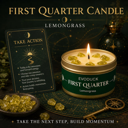 First Quarter Candle Lemongrass with Take Action intention card, citrine crystals in soy wax and a vintage compass key - Take the Next Step, Build Momentum