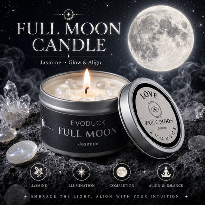 Full Moon Candle Jasmine Glow and Align with Love lid design, moonstone crystals under a full moon - Illumination, Completion, Align and Balance