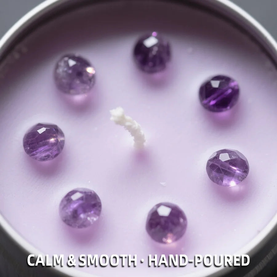 Close-up of Last Quarter Candle with round amethyst crystal beads in soy wax and cotton wick - Calm and Smooth, hand-poured
