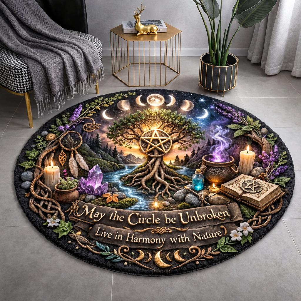Round black Wicca rug with a Tree of Life, moon phases, pentacle, candles, and "May the Circle be Unbroken" text.