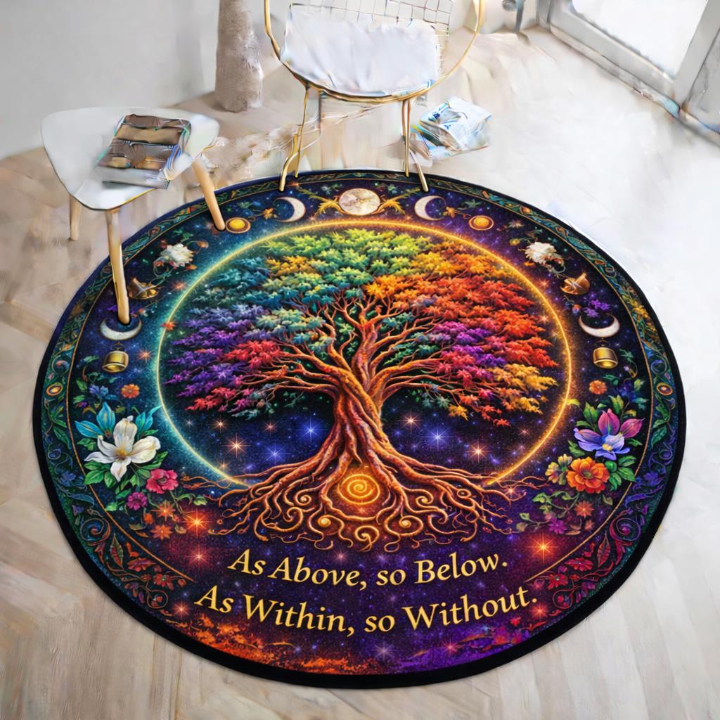 Round Wiccan rug with a vibrant Tree of Life, moon phases, and "As Above, so Below" text.