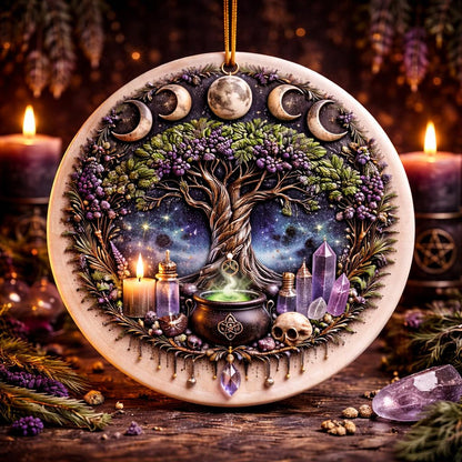 Ceramic Moon Phase Tree of Life Yule ornament with purple berries, crystals, and a cauldron.