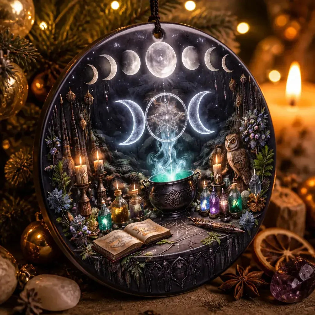 Moon Phase Triple Moon Wiccan Yule Ceramic Ornament – Witchy Christmas Ornament_mockup_2.webp