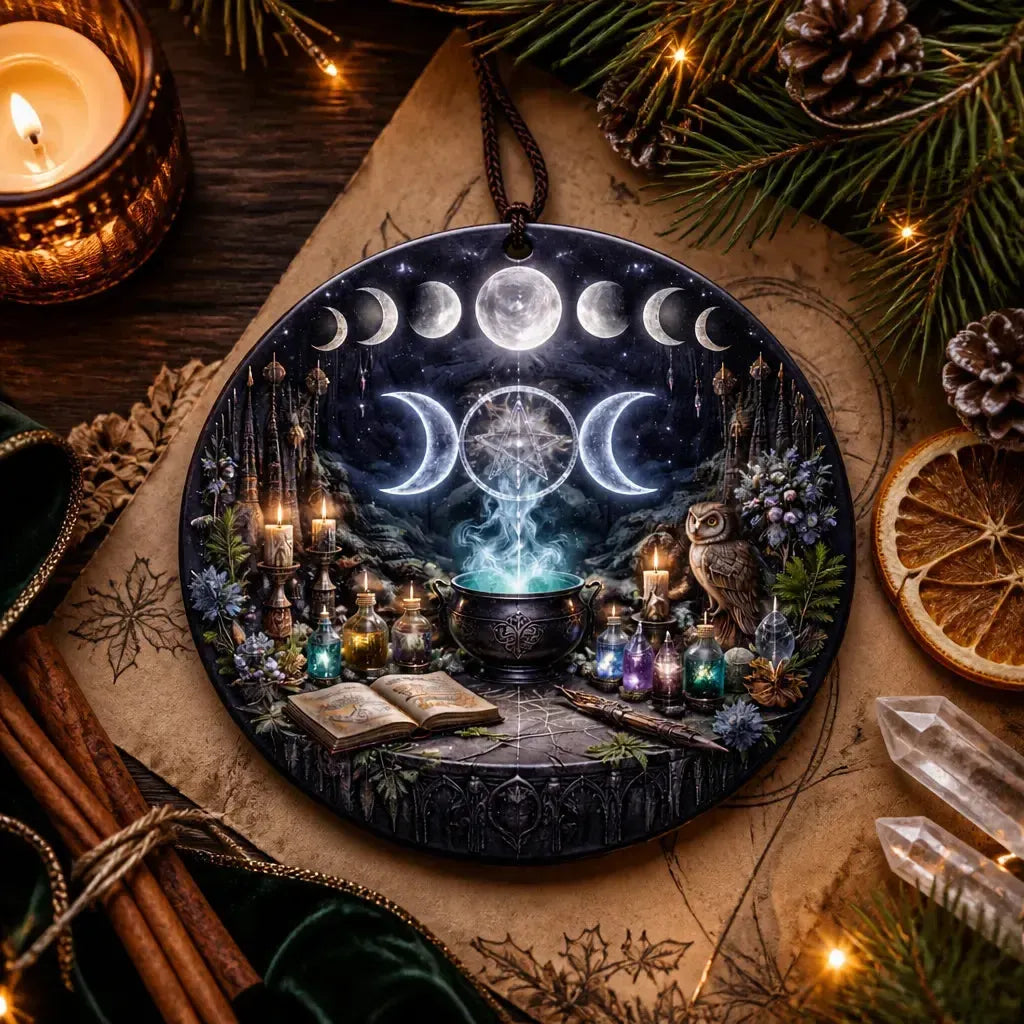 Moon Phase Triple Moon Wiccan Yule Ceramic Ornament – Witchy Christmas Ornament_mockup_3.webp
