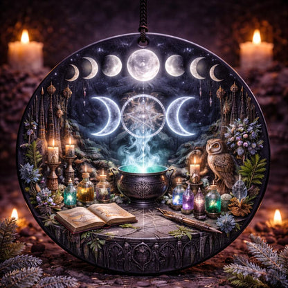Dark ceramic triple moon phase ornament with a witchy scene, cauldron, owl, and candles.