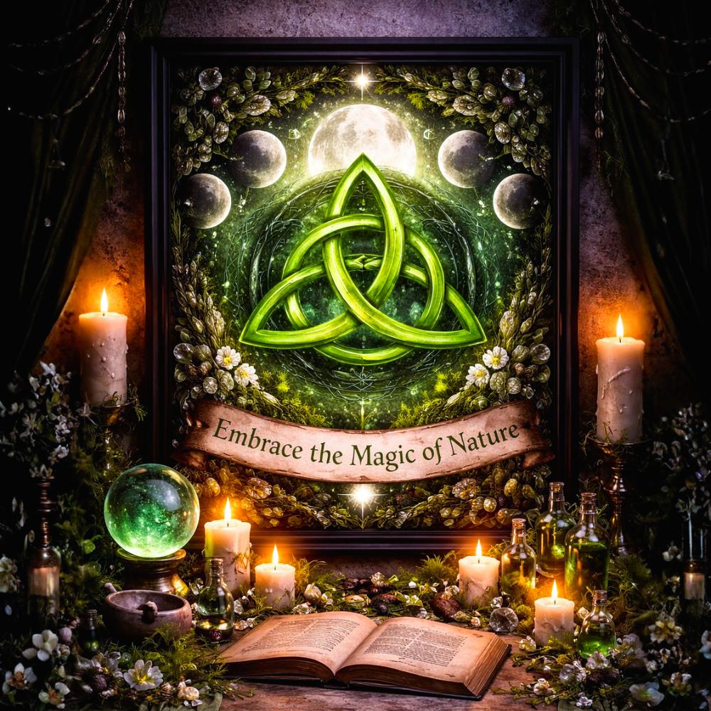 Moon Phase & Triquetra Wiccan Wall Art - Celtic Trinity Knot Black Framed Canvas for Pagan Altar Decor-MoonChildWorld