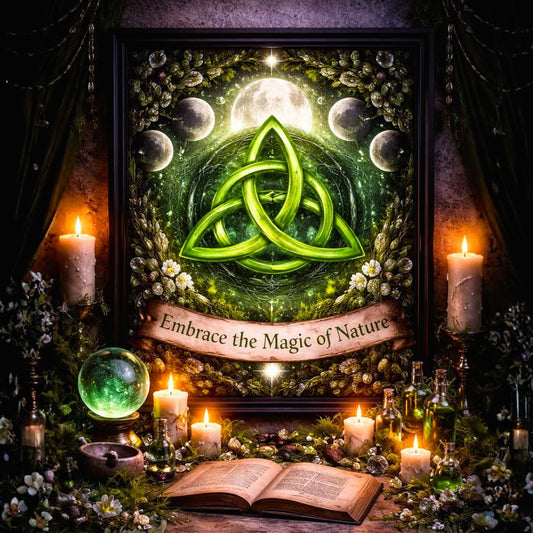Black framed canvas with a glowing green Triquetra, full moon, and moon phases surrounded by lush foliage.
