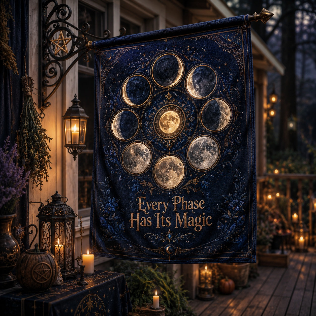 Close-up of Moon Phase Wheel house flag showing lunar cycle artwork