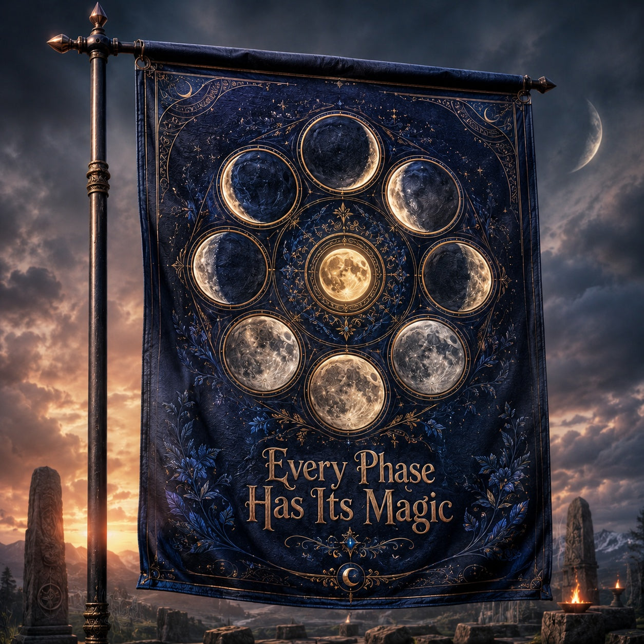 Moon Phase Wheel house flag with lunar phases diagram, Every Phase Has Its Magic pagan design
